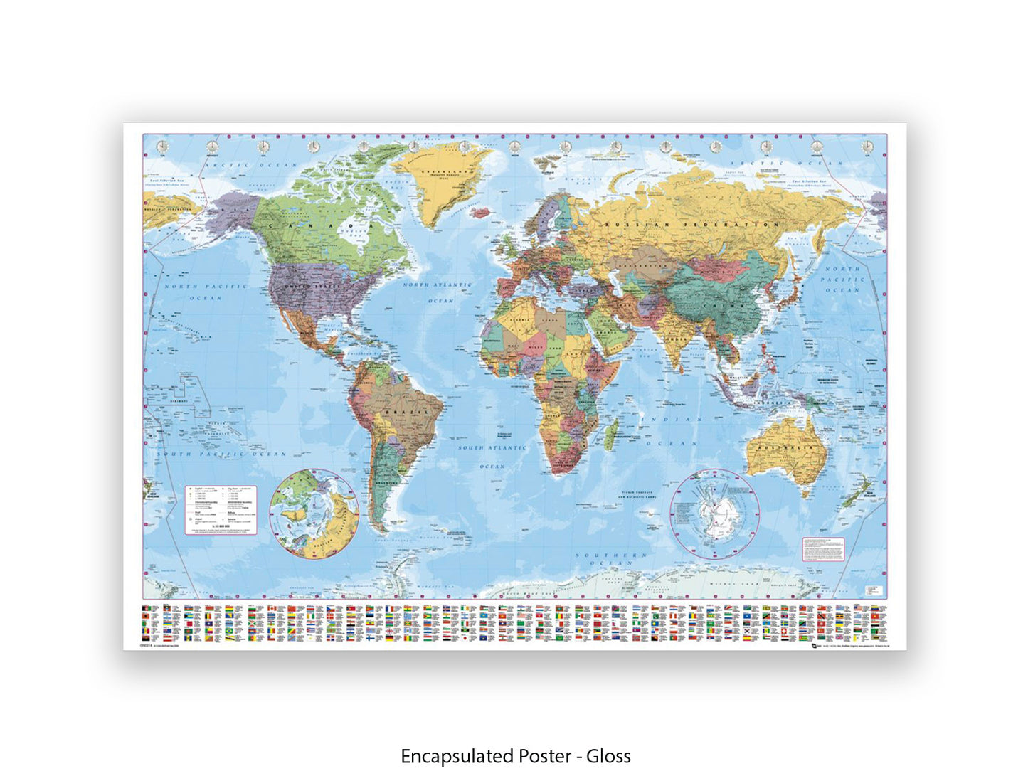World Political Map Polar Caps Flags Giant Poster