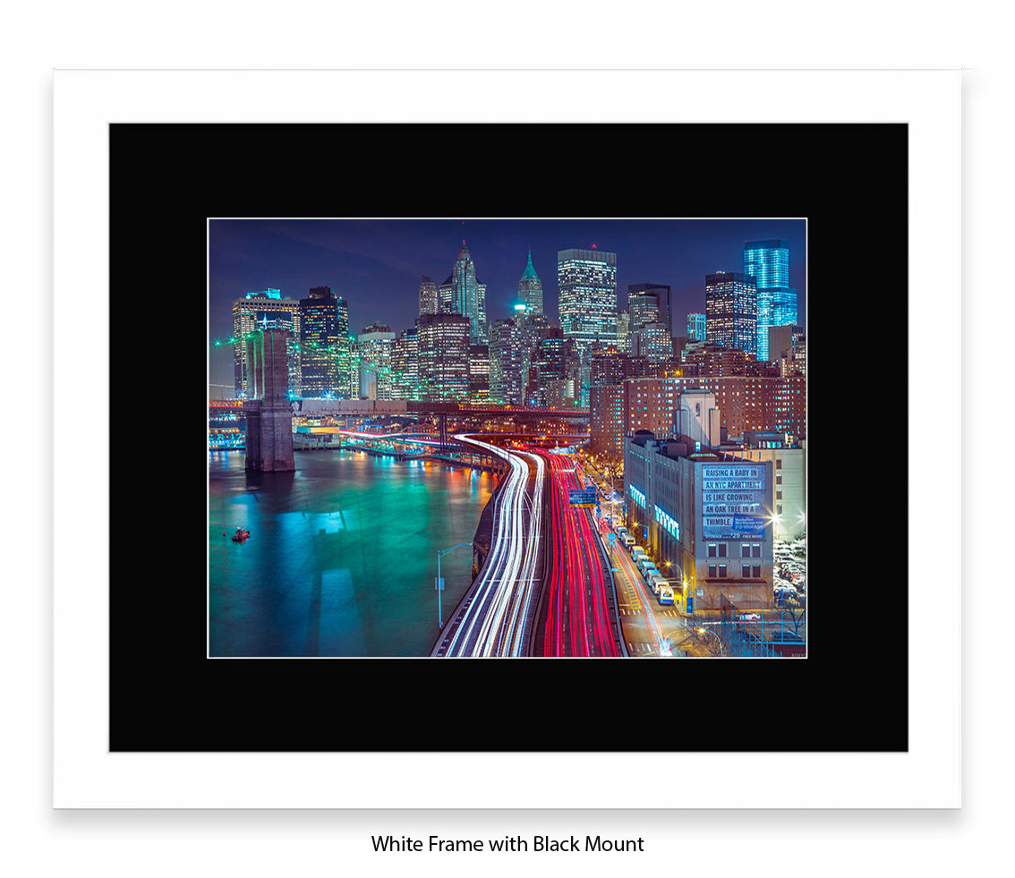 NYC Manhattan - Skyline Car Trails - Close Up - Mounted & Framed Art Print