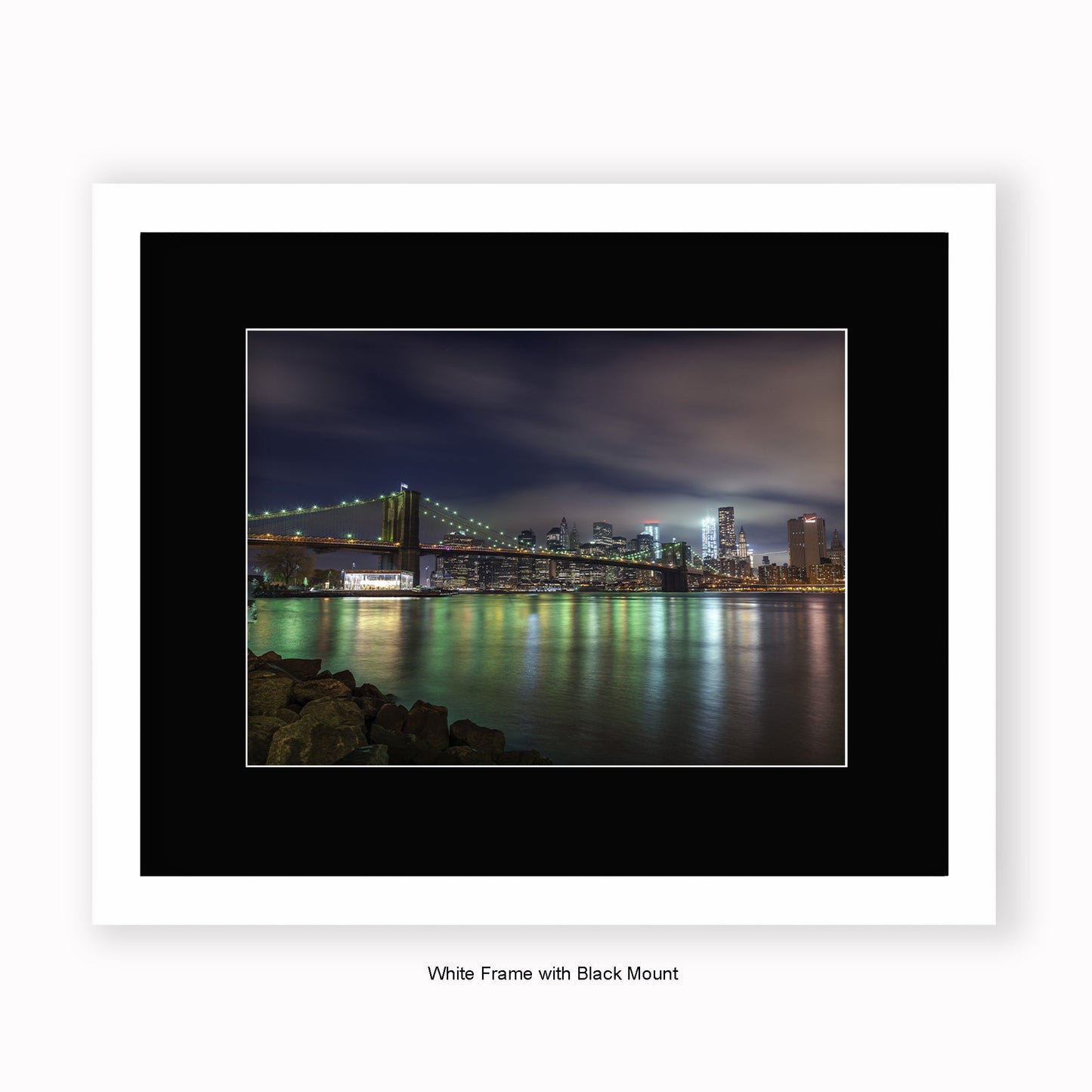 NYC Manhattan Skyline At Night Reflection - Mounted & Framed Art Print