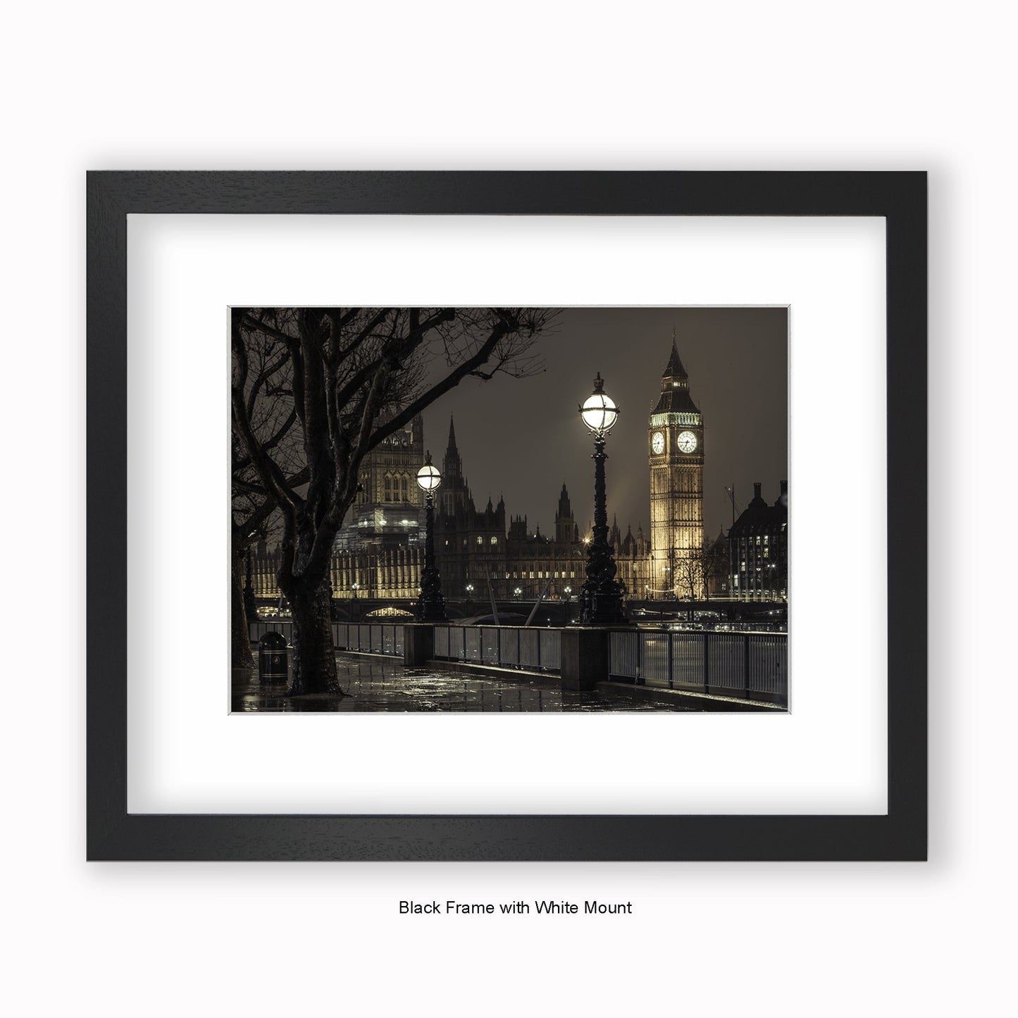 London Big Ben 6.45pm At Night Sepia - Mounted & Framed Art Print