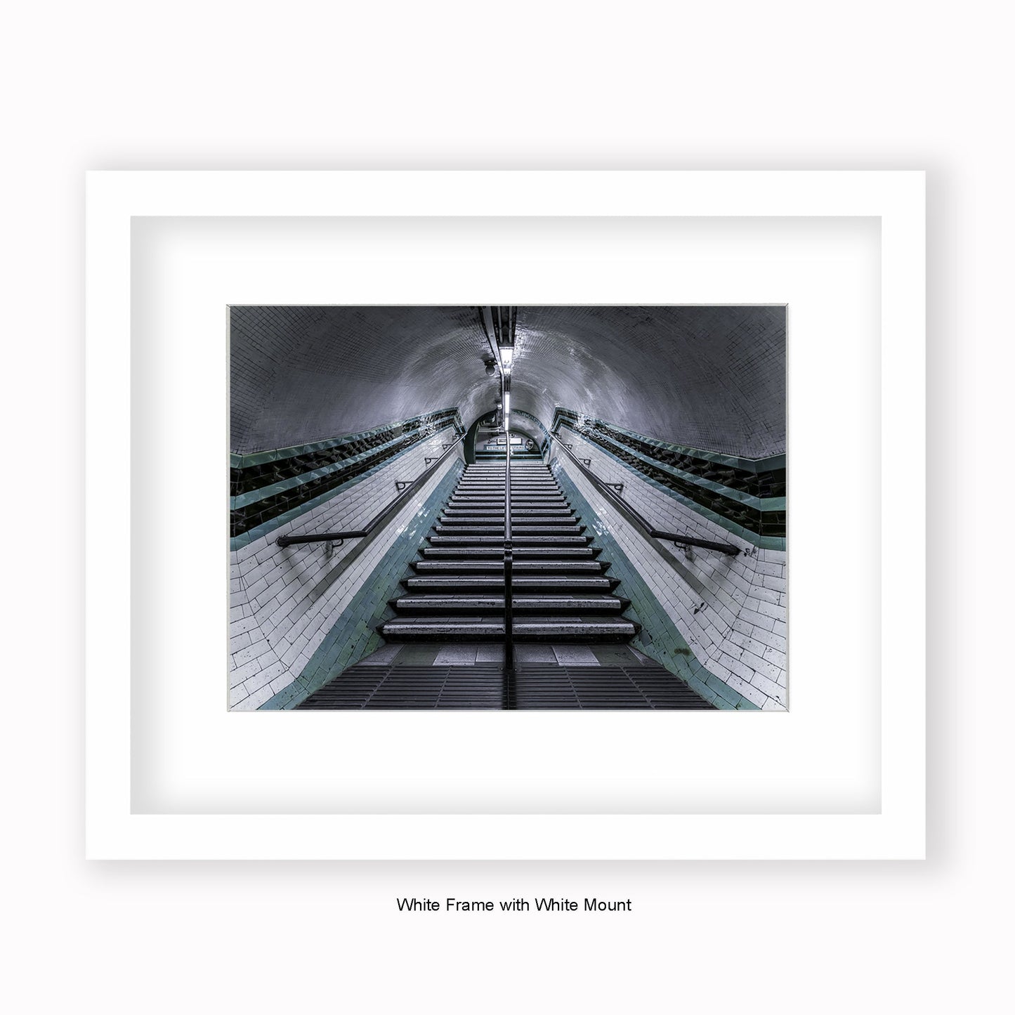 London - Undergound Stairs Black & Green Stripes - Mounted & Framed Art Print