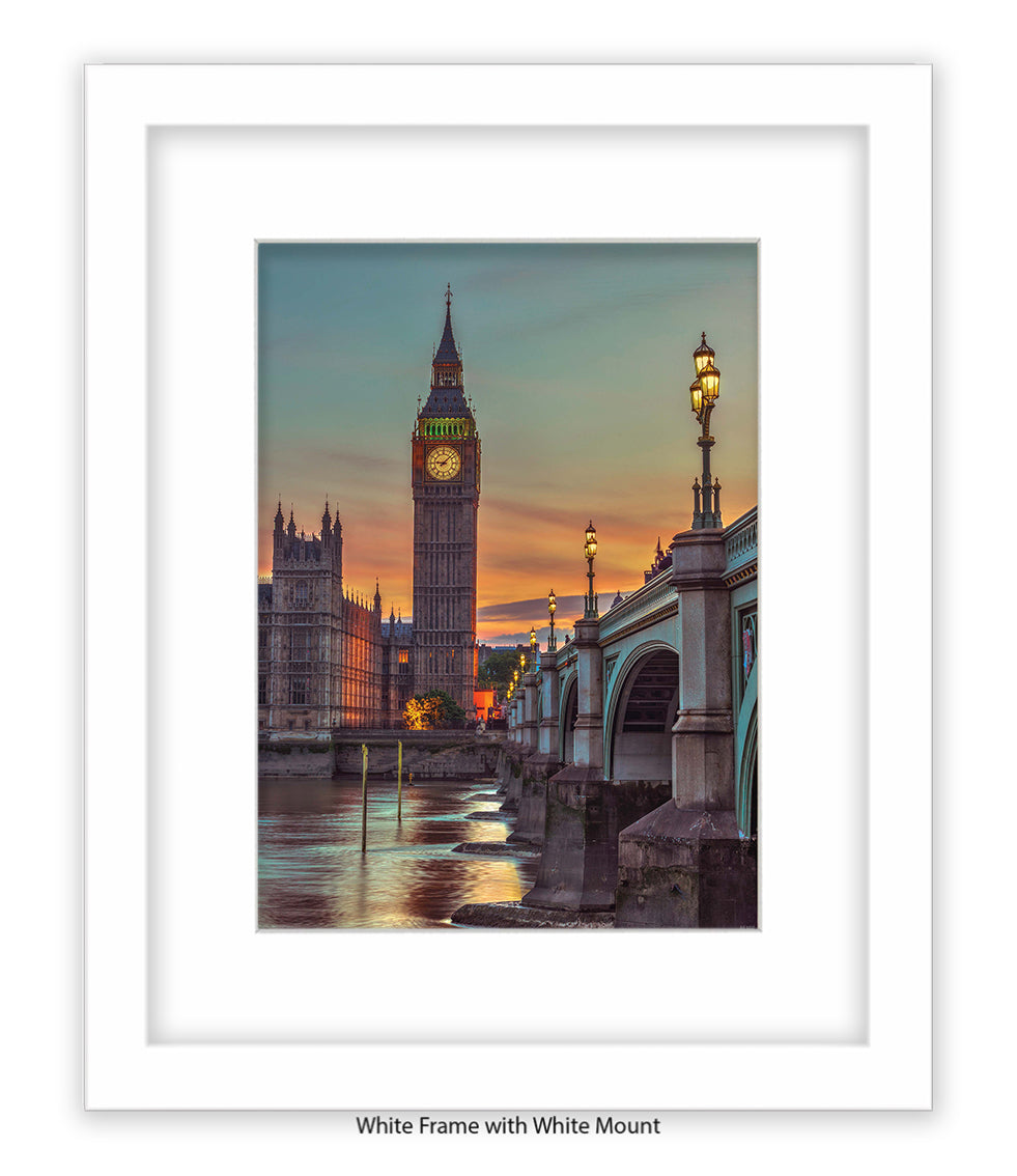 London - Big Ben Westminster Bridge - Sunset Colour - Mounted & Framed Art Print