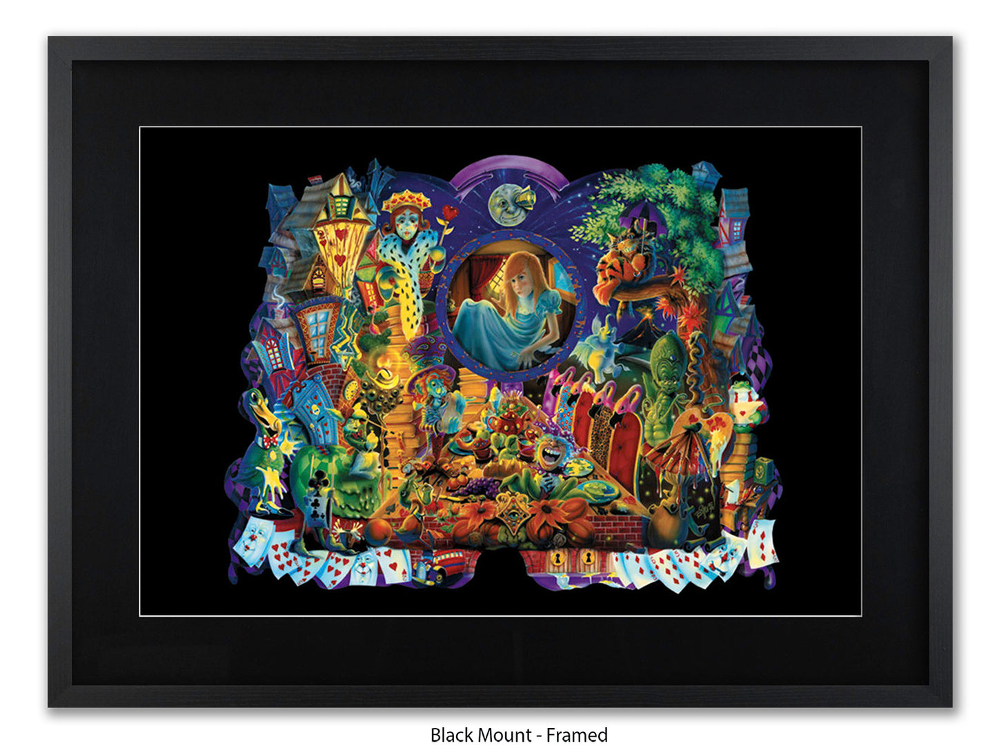 Alice in Wonderland Dark Fantasy Art Poster - Gothic Psychedelic Illustration with Queen of Hearts, Creatures & Playing Cards Print