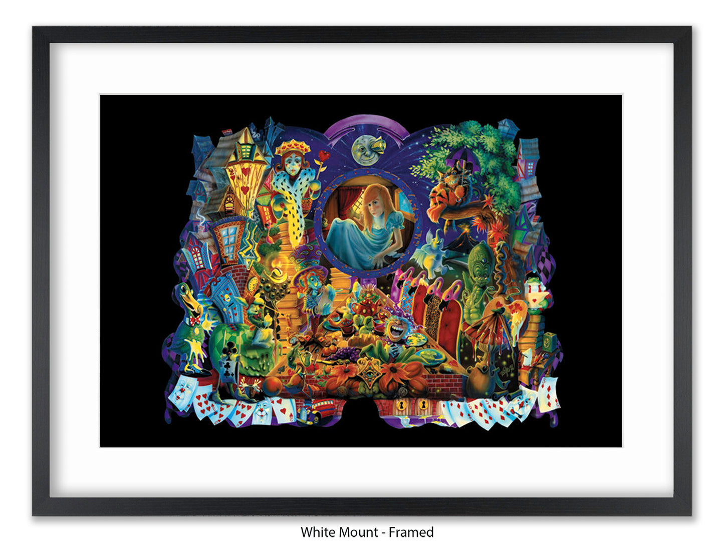 Alice in Wonderland Dark Fantasy Art Poster - Gothic Psychedelic Illustration with Queen of Hearts, Creatures & Playing Cards Print