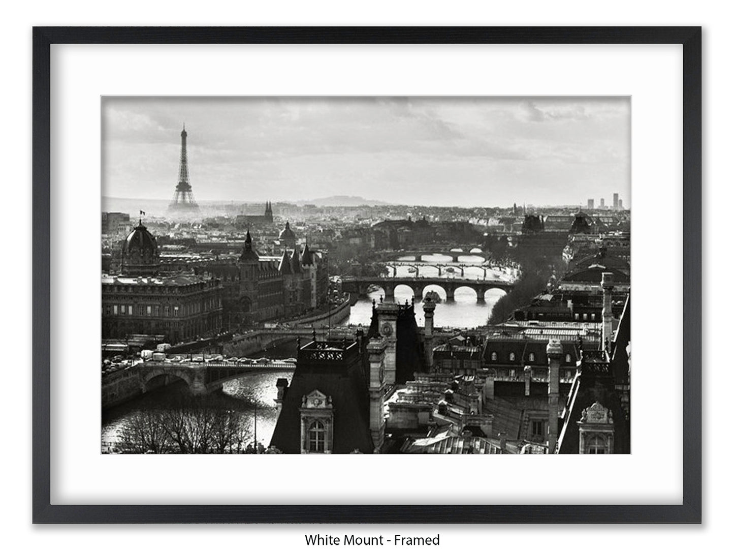 Paris - Aerial Black & White Cityscape | Eiffel Tower & River Seine | Poster