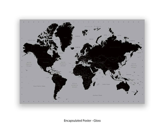 World Map | Black and Silver Minimalist | Wall Decor Poster