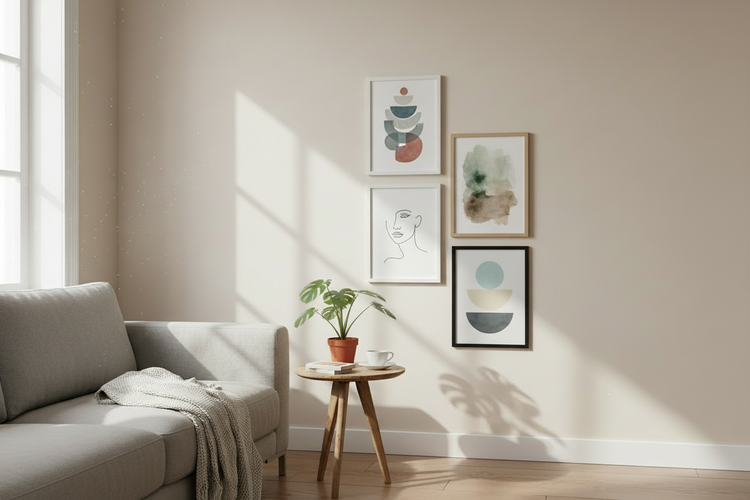Small A2 and 50x40 cm posters displayed in modern gallery wall layout