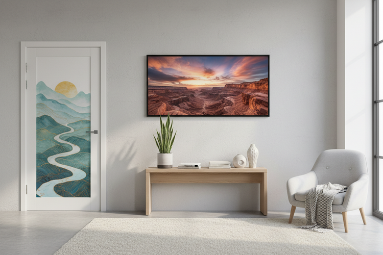 Living room with a door poster and a panoramic poster on the wall