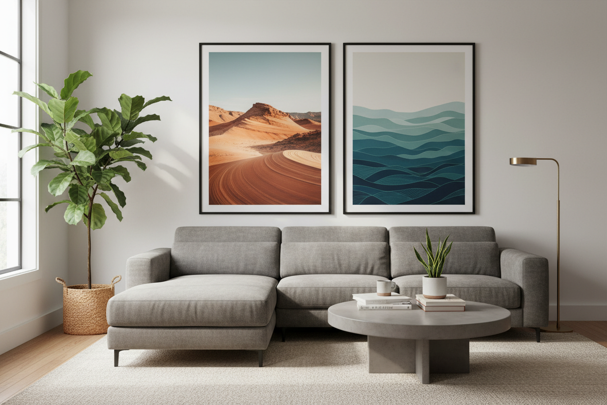 livingroom displaying two posters behind the sofa