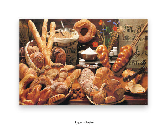 Italian bread varieties ciabatta focaccia baking kitchen food art poster print