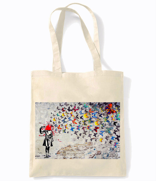 Banksy - Butterfly Girl - Gun - Retro Shopping Tote Bag
