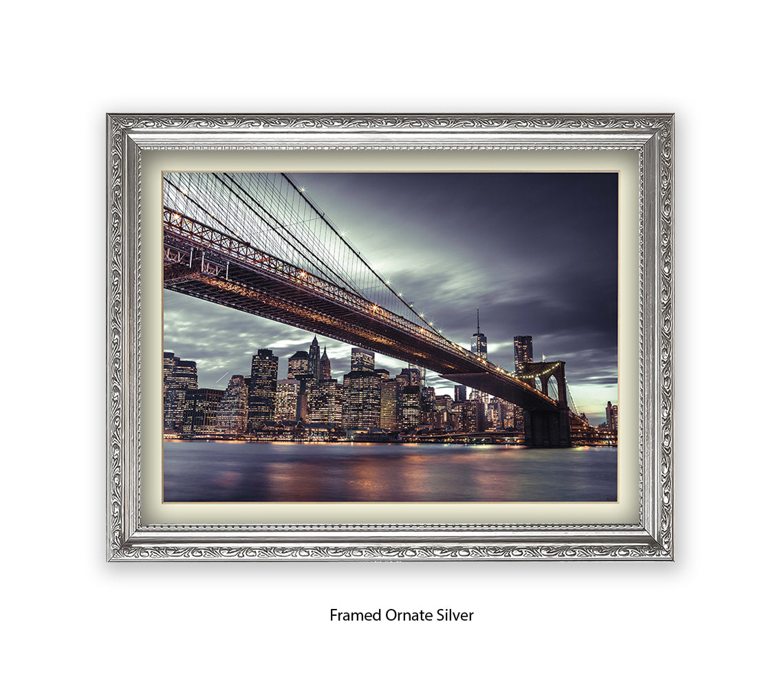 NYC Brooklyn Bridge Manhattan Skyline At Night Close Up Assaf Frank Art Print