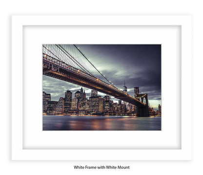 NYC Brooklyn Bridge Manhattan Skyline At Night Close Up Assaf Frank Art Print
