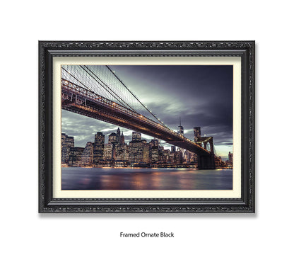 NYC Brooklyn Bridge Manhattan Skyline At Night Close Up Assaf Frank Art Print
