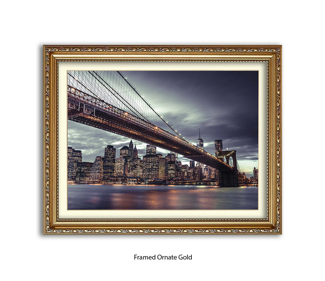 NYC Brooklyn Bridge Manhattan Skyline At Night Close Up Assaf Frank Art Print