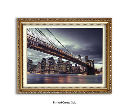 NYC Brooklyn Bridge Manhattan Skyline At Night Close Up Assaf Frank Art Print