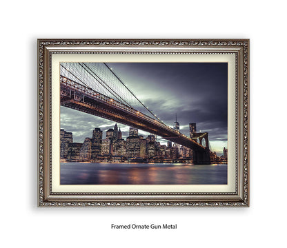 NYC Brooklyn Bridge Manhattan Skyline At Night Close Up Assaf Frank Art Print