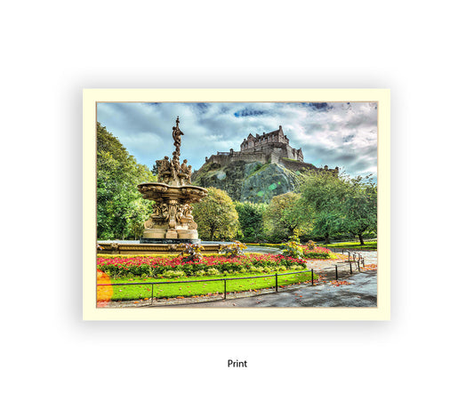 Edinburgh Castle Water Fountain Colour - Assaf Frank Art Print