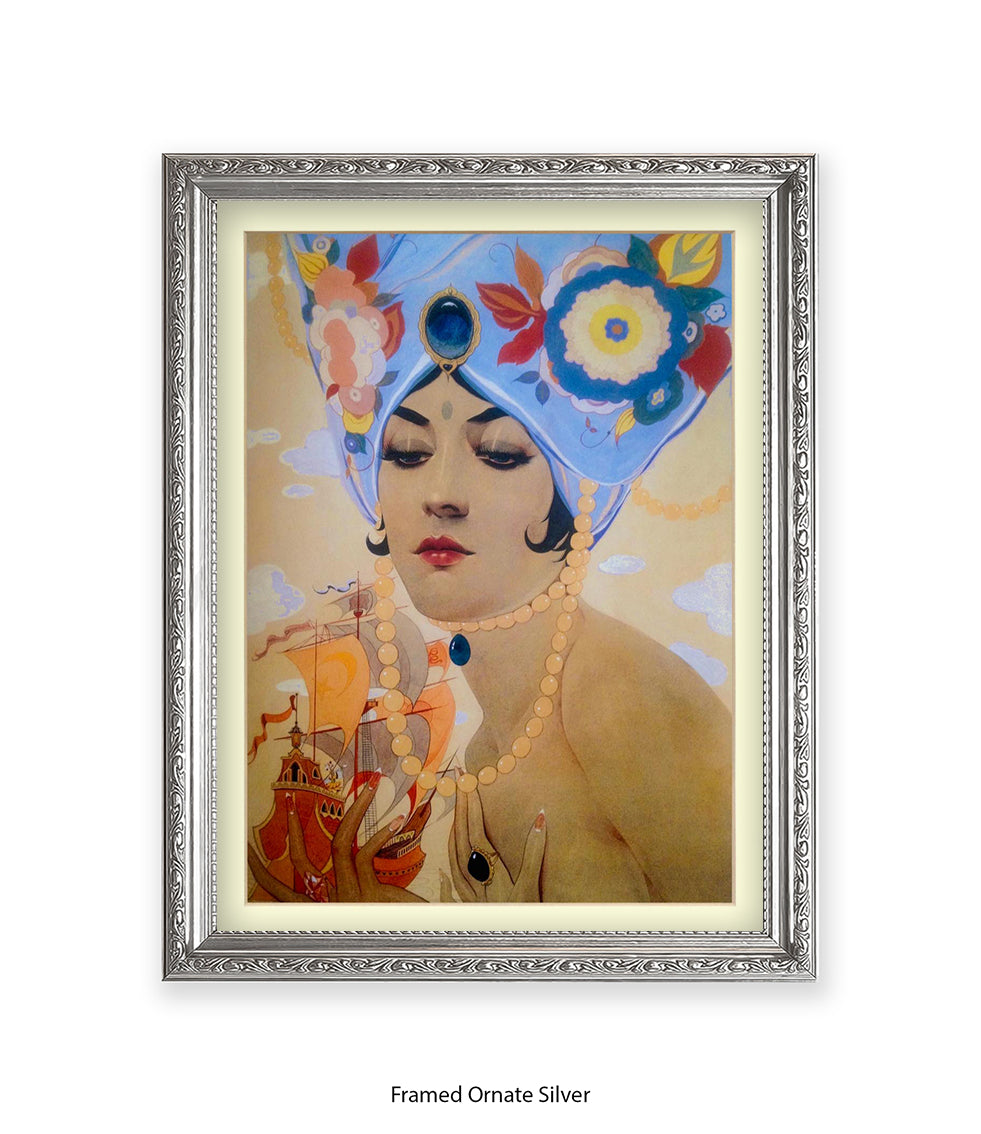 Girl With Blue Hat And Pearls Art Print