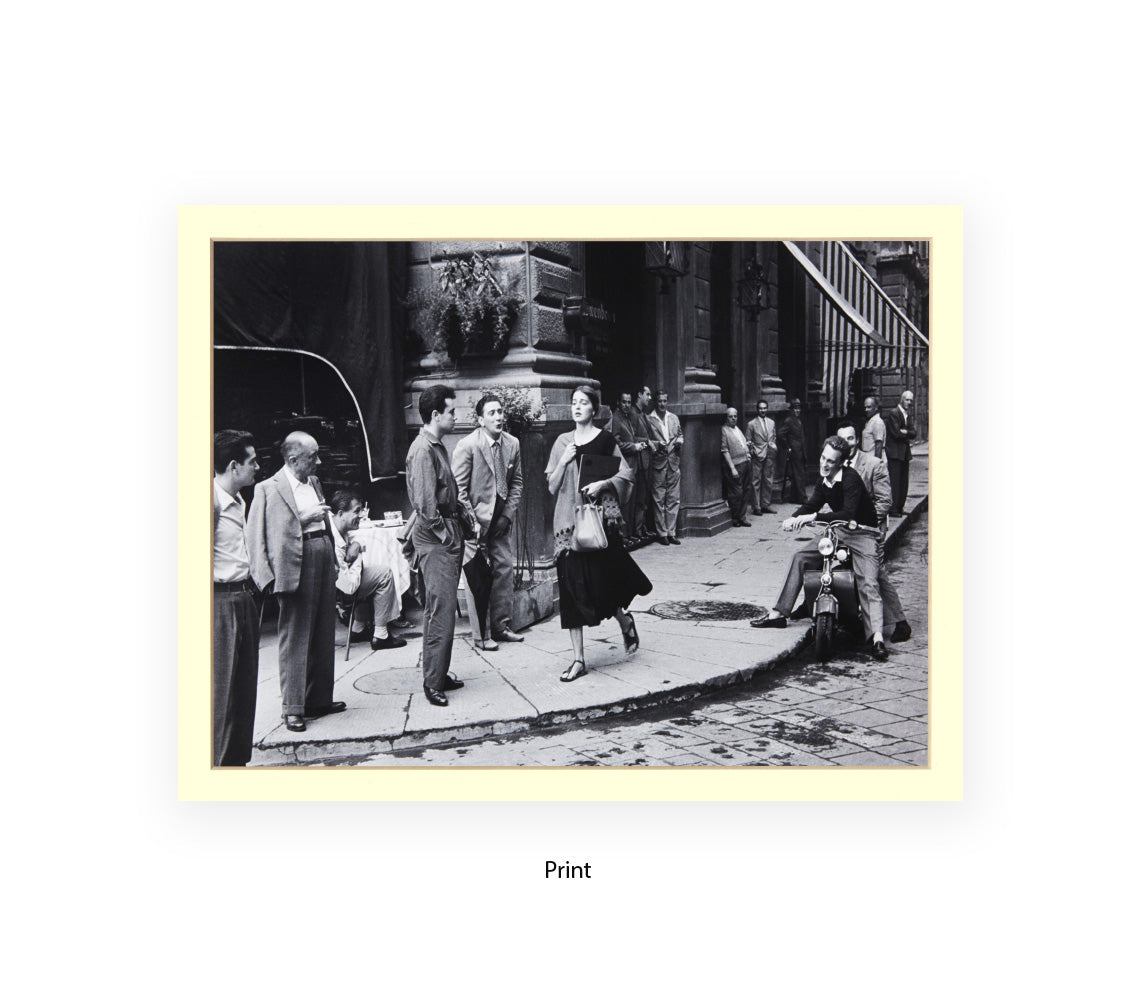 Black and white vintage photo of stylish woman walking past men on an Italian street, American Girl In Italy poster