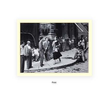 Black and white vintage photo of stylish woman walking past men on an Italian street, American Girl In Italy poster