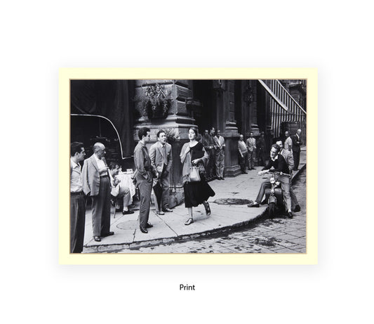 Black and white vintage photo of stylish woman walking past men on an Italian street, American Girl In Italy poster