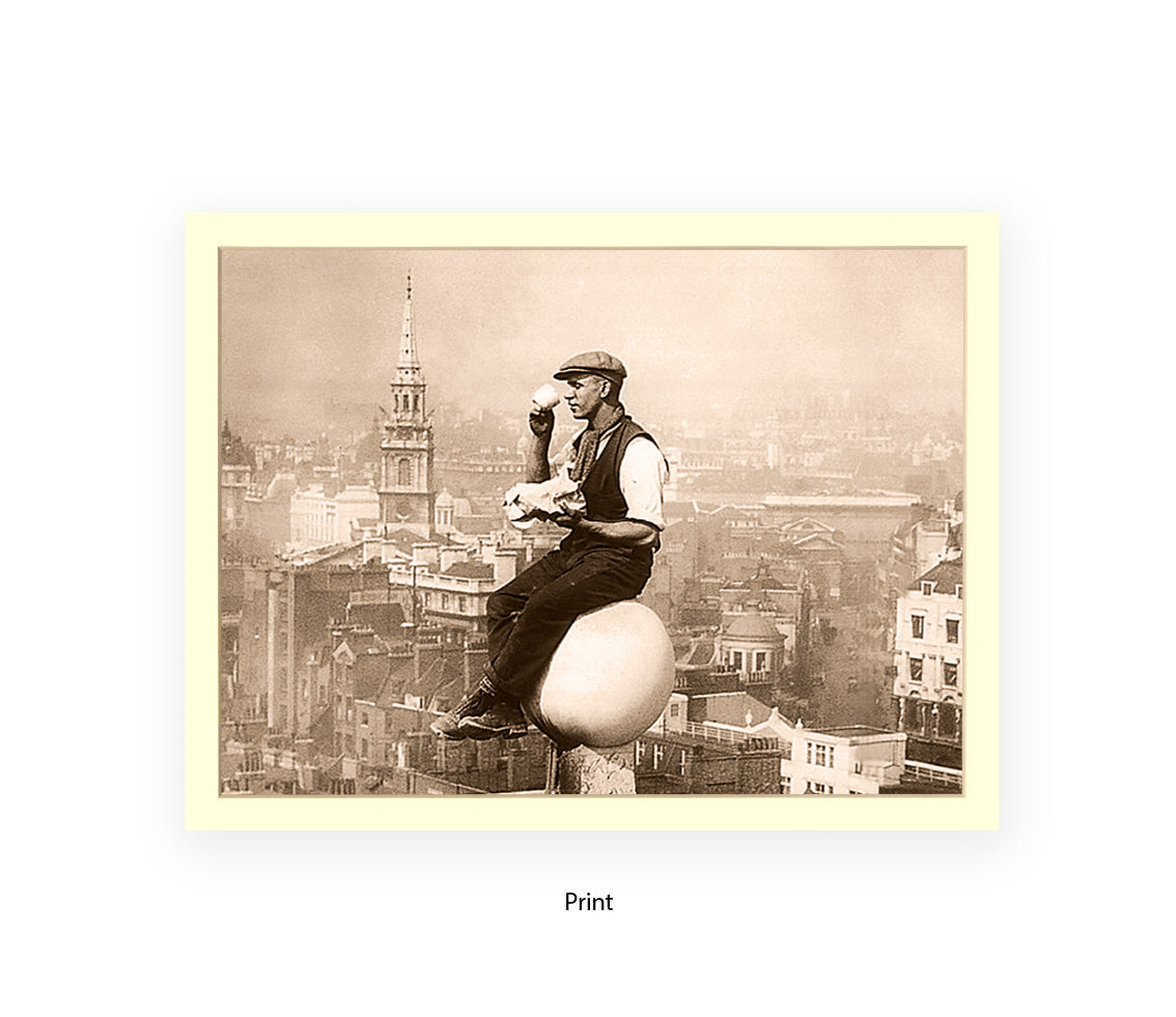 London Tea Break 1930s Poster Ð Man on Building Vintage Photo Ð Black & White Street Photography