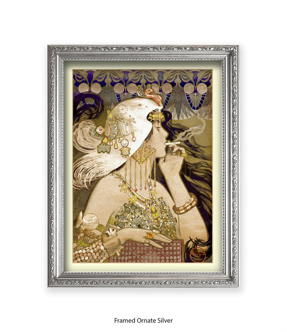 Girl - Smoking Cigarette - White Head Piece  Art Print