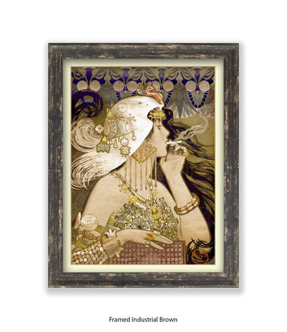 Girl - Smoking Cigarette - White Head Piece  Art Print