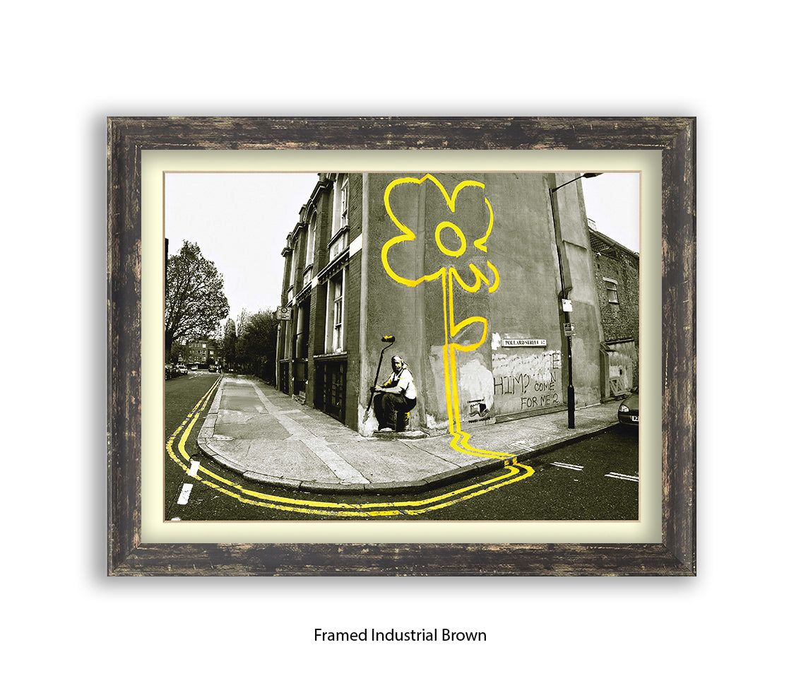 Pollard Street  2 tone - Yellow Flower Man Banksy Art Print