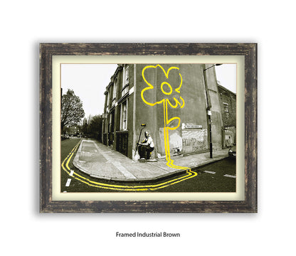 Pollard Street  2 tone - Yellow Flower Man Banksy Art Print