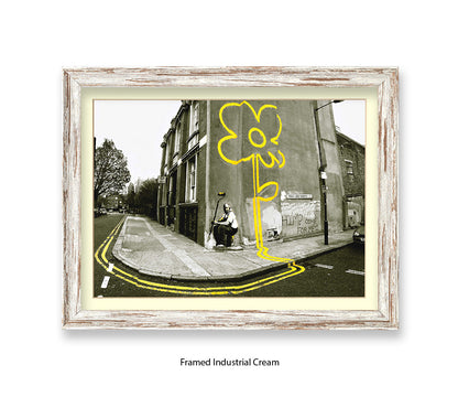 Pollard Street  2 tone - Yellow Flower Man Banksy Art Print