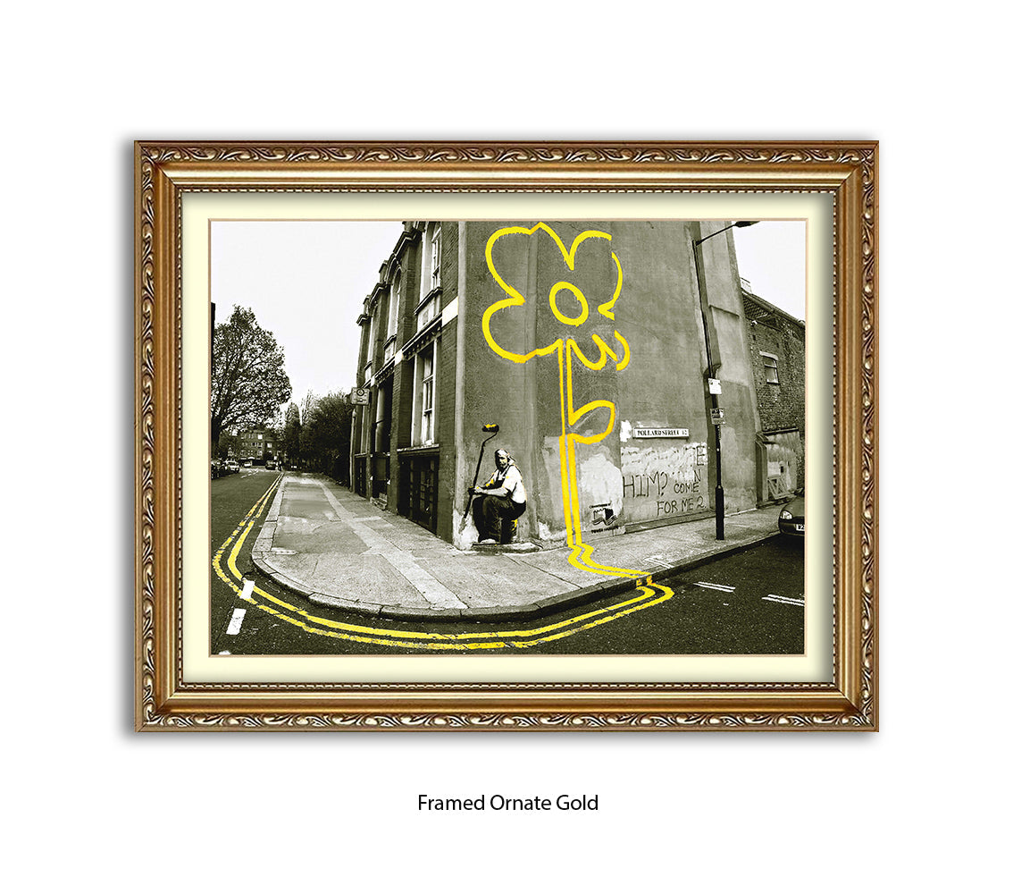 Pollard Street  2 tone - Yellow Flower Man Banksy Art Print