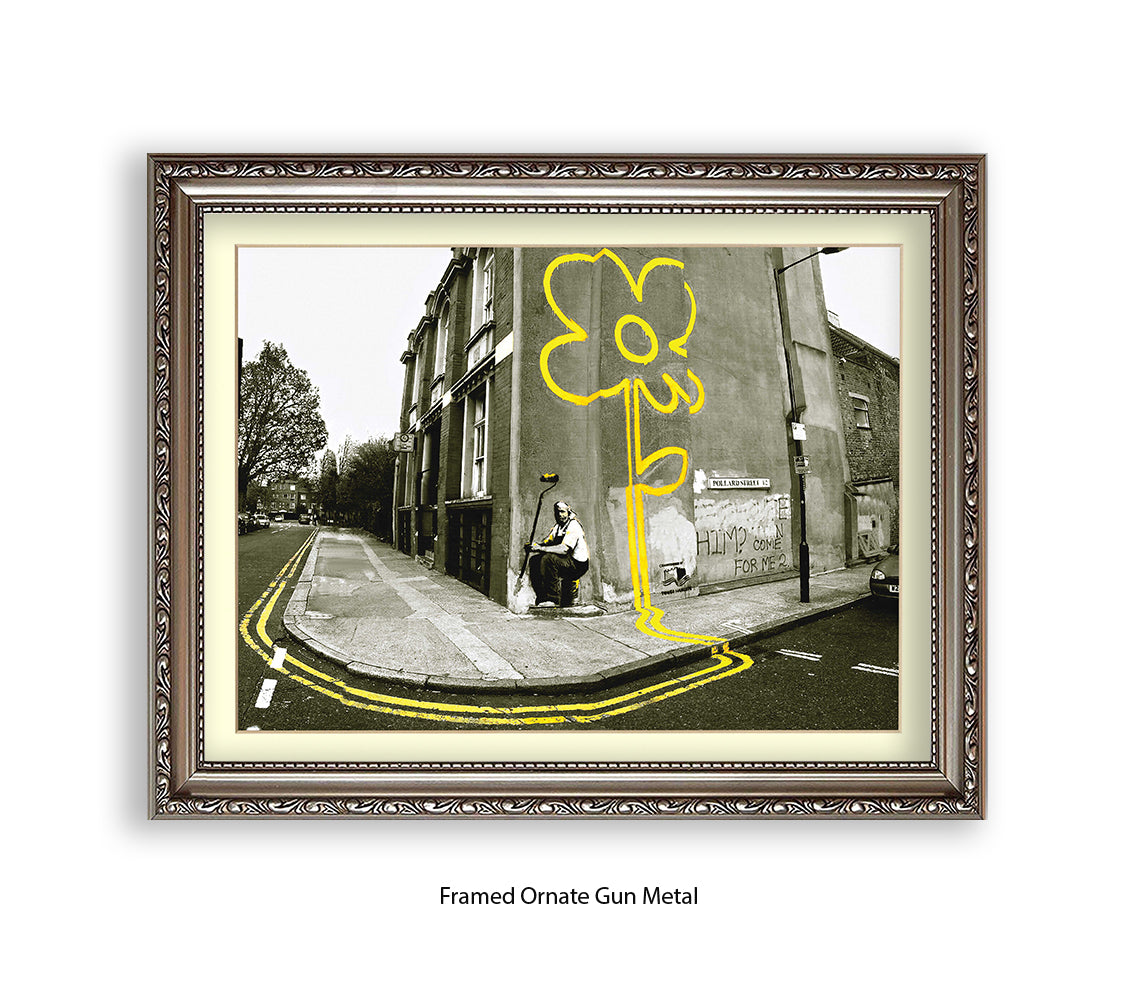 Pollard Street  2 tone - Yellow Flower Man Banksy Art Print