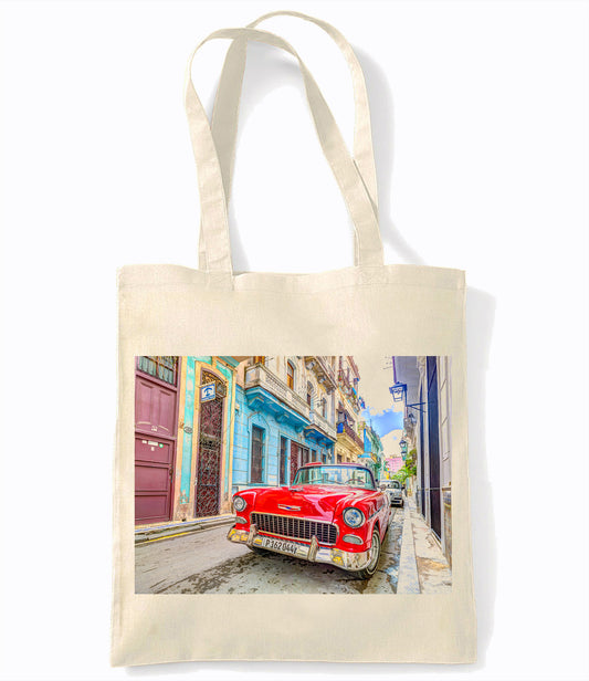 Havana - Cuba - Red Car - Retro Shopping Tote Bag