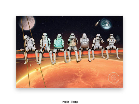 Seven Stormtroopers sitting on a steel girder above Mars in a parody of the Lunch Atop a Skyscraper photo, each engaged in everyday activities including drinking, reading, and using a laptop, with Earth and the Moon visible in the background.