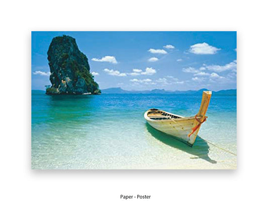Traditional wooden Thai longtail boat anchored in crystal-clear turquoise water at a tropical beach in Phuket, Thailand, with a dramatic limestone karst island and blue sky in the background Ð Destiny Beach Poster.Ó