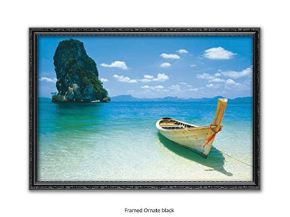 Destiny Thailand Phuket Beach Travel Poster - Tropical Paradise Wall Art - Exotic Longtail Boat & Limestone Cliffs - Krabi Seascape Poster - Home Decor
