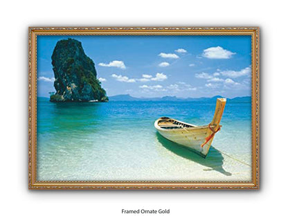 Destiny Thailand Phuket Beach Travel Poster - Tropical Paradise Wall Art - Exotic Longtail Boat & Limestone Cliffs - Krabi Seascape Poster - Home Decor