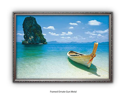 Destiny Thailand Phuket Beach Travel Poster - Tropical Paradise Wall Art - Exotic Longtail Boat & Limestone Cliffs - Krabi Seascape Poster - Home Decor