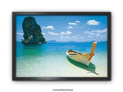 Destiny Thailand Phuket Beach Travel Poster - Tropical Paradise Wall Art - Exotic Longtail Boat & Limestone Cliffs - Krabi Seascape Poster - Home Decor