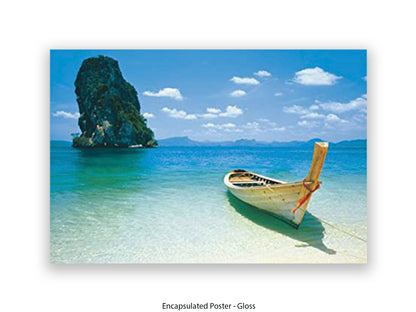 Destiny Thailand Phuket Beach Travel Poster - Tropical Paradise Wall Art - Exotic Longtail Boat & Limestone Cliffs - Krabi Seascape Poster - Home Decor