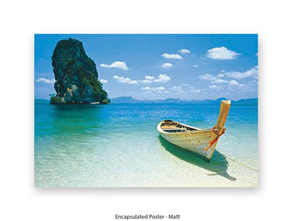 Destiny Thailand Phuket Beach Travel Poster - Tropical Paradise Wall Art - Exotic Longtail Boat & Limestone Cliffs - Krabi Seascape Poster - Home Decor