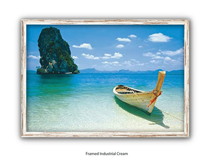 Destiny Thailand Phuket Beach Travel Poster - Tropical Paradise Wall Art - Exotic Longtail Boat & Limestone Cliffs - Krabi Seascape Poster - Home Decor