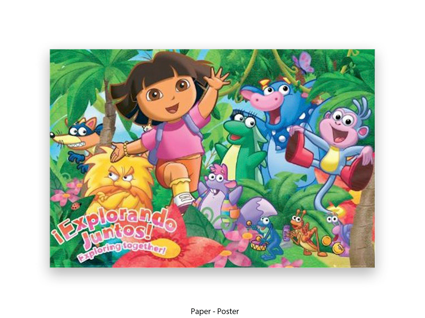 Colourful Dora the Explorer poster showing Dora waving in a tropical jungle surrounded by characters including Boots the monkey, Benny the Bull, Swiper the Fox, and Tico, with the bilingual text Explorando Juntos Exploring Together in the foreground.