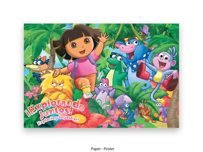 Colourful Dora the Explorer poster showing Dora waving in a tropical jungle surrounded by characters including Boots the monkey, Benny the Bull, Swiper the Fox, and Tico, with the bilingual text Explorando Juntos Exploring Together in the foreground.