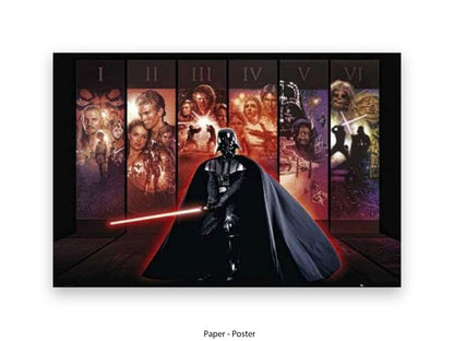 Star Wars saga poster featuring Darth Vader standing with a red lightsaber in front of six vertical illustrated panels representing Episodes I to VI, each depicting key characters and scenes from the Skywalker saga including Anakin Skywalker, Princess Leia, Han Solo, Chewbacca, and Yoda.