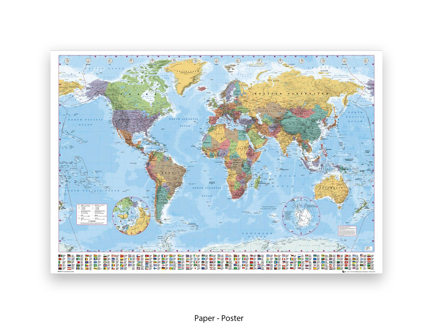 World Political Map Polar Caps Flags Giant Poster
