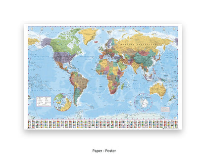 World Political Map Polar Caps Flags Giant Poster