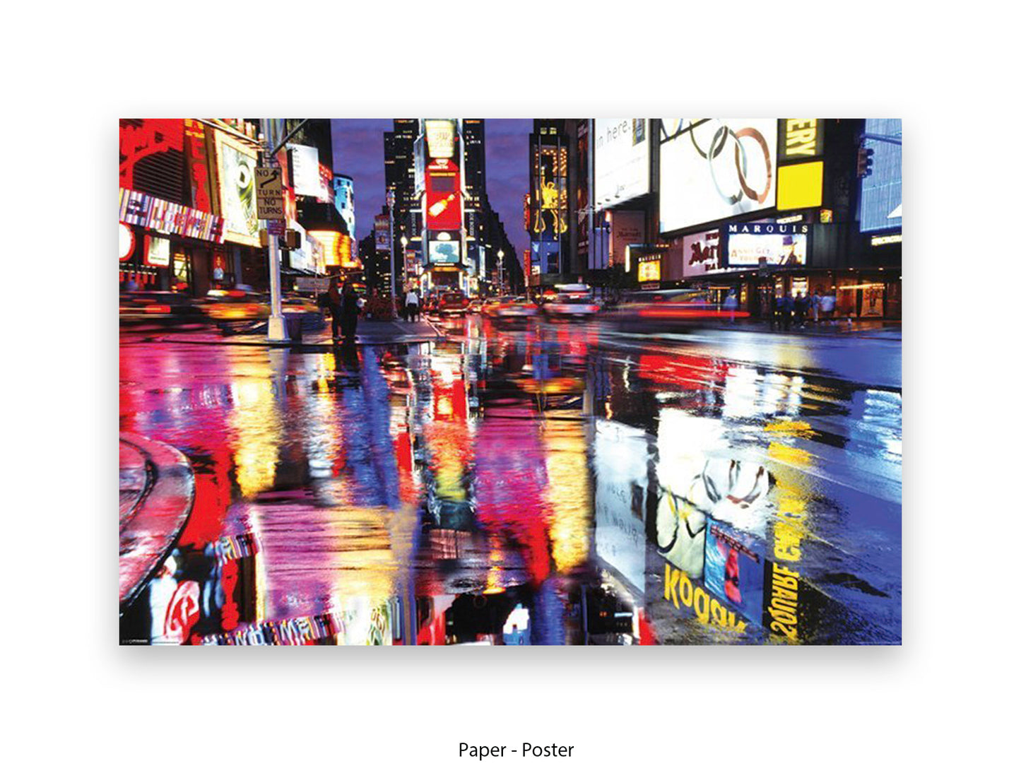 A rectangular poster print showing a nighttime city street scene with bright billboards, wet reflections, and blurred light trails, displayed against a light gray background with the text 'Paper - Poster' below.